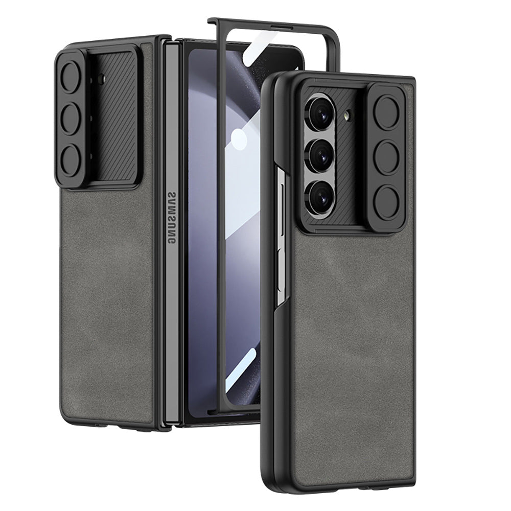 GKK Camera Slider Matte Phone Case For Samsung Galaxy Z Fold5 5G PU Leather Coated PC Phone Cover with Tempered Glass Film GKK Camera Slider Matte Phone Case For Samsung Galaxy Z Fold5 5G PU Leather Coated PC Phone Cover with Tempered Glass Film